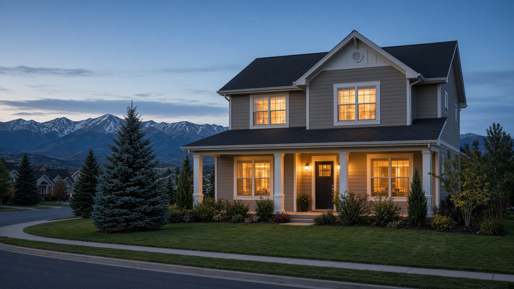 South metro Colorado home at dusk, Front Range on the horizon